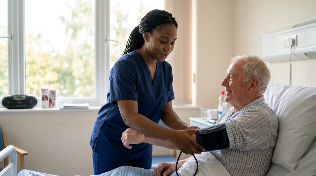 Nigerian NHS nurse taking an elderly patient blood pressure in a UK hospital