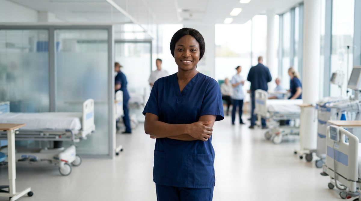 Nigerian nurse in NHS uniform on a British hospital ward