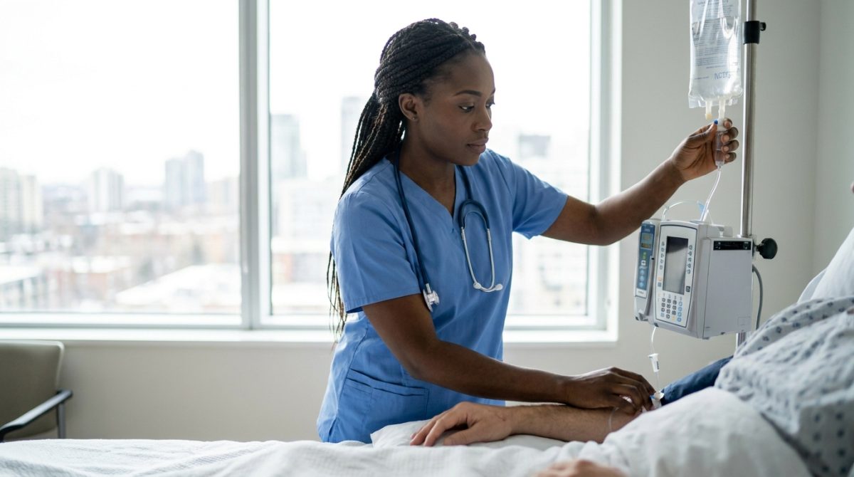 Nigerian nurse checking a patient monitor at a Canadian hospital bedside