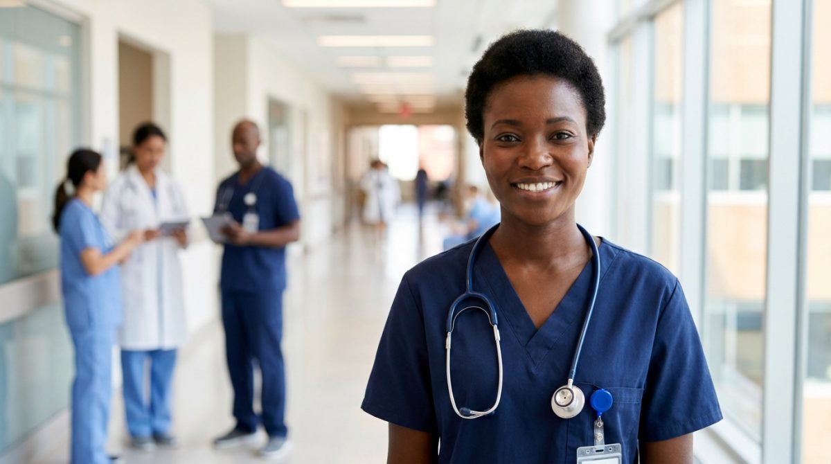 Nigerian registered nurse in scrubs in a Canadian hospital corridor