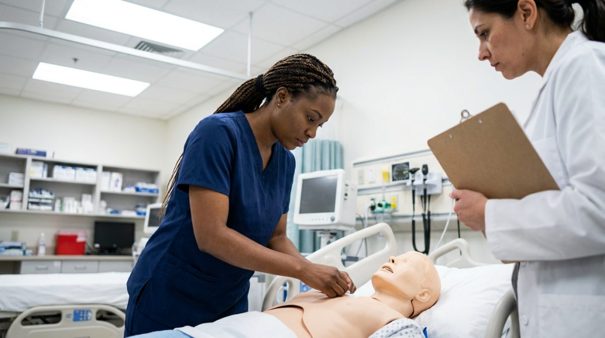 Nigerian nurse taking the OSCE clinical skills examination in a UK simulation lab