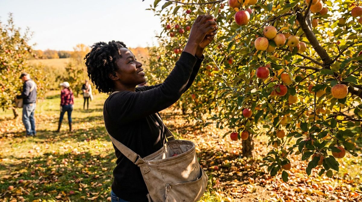 Nigerian worker picking apples in a Canadian orchard in autumn