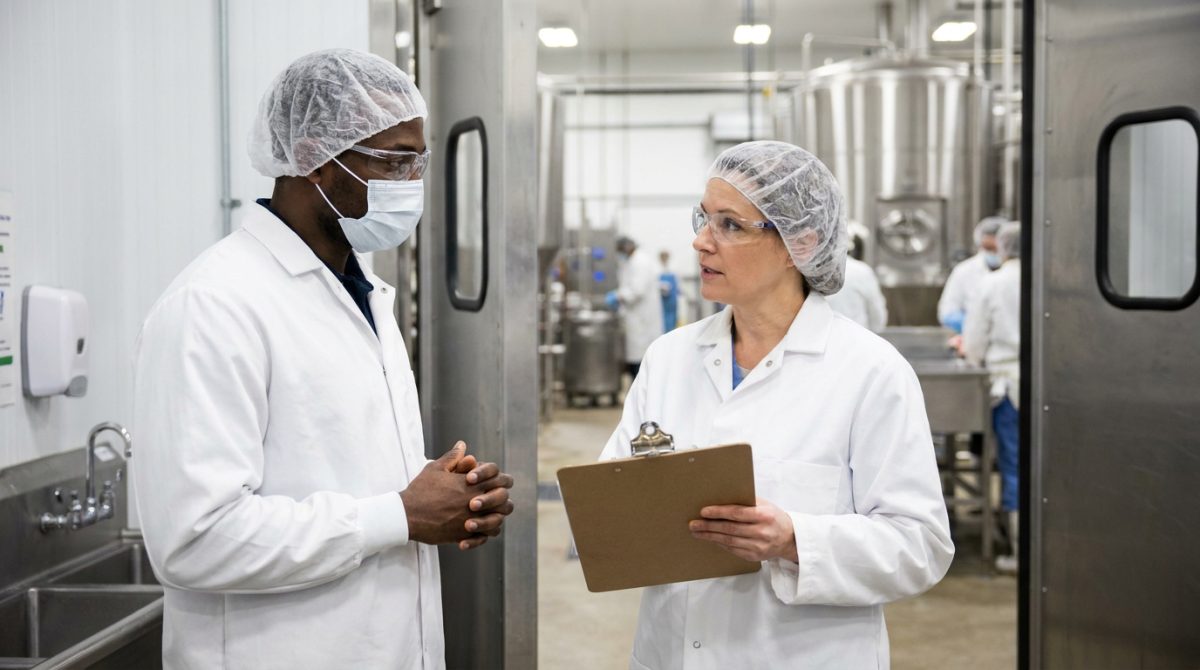 Nigerian food plant worker receiving hygiene instruction from a Canadian supervisor