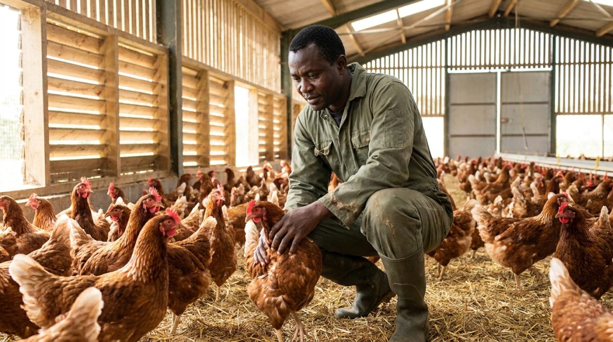 Nigerian worker checking free range chickens in a British poultry barn