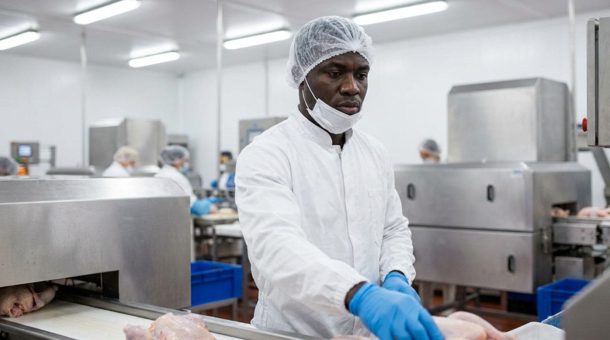 Nigerian poultry worker in hygiene uniform in a British poultry processing facility
