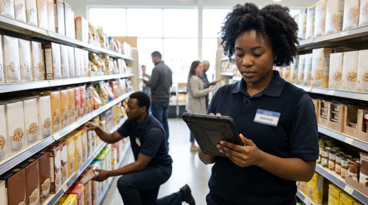 Nigerian retail supervisor checking stock levels in a Canadian grocery store