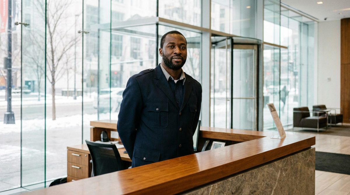 Nigerian security guard on duty at the reception of a Canadian office building