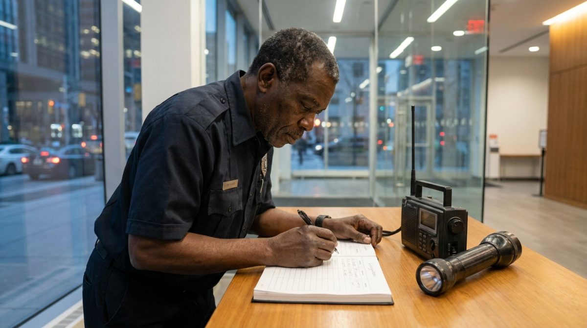 Nigerian security guard completing a written patrol log in a Canadian building
