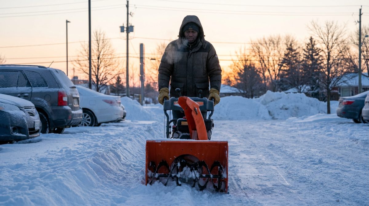 Nigerian worker operating a snow blower clearing a Canadian car park at dawn