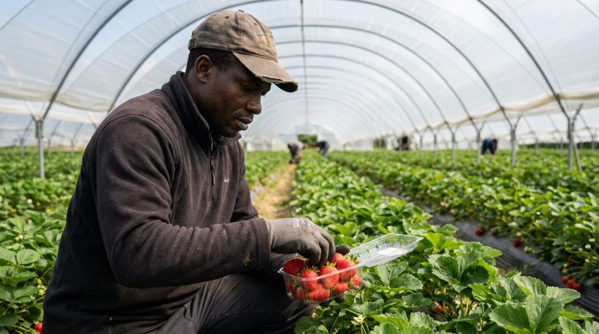 Nigerian seasonal worker picking strawberries in a British polytunnel