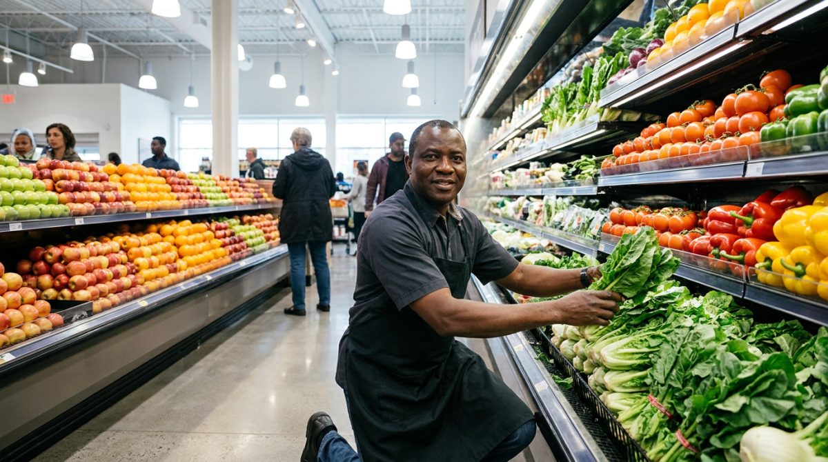 Nigerian supermarket worker restocking fresh produce in a Canadian grocery store