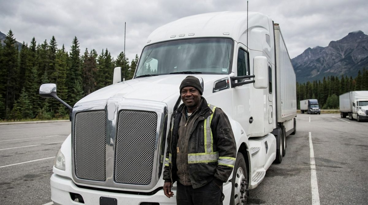 Nigerian truck driver standing beside a long-haul semi truck on a Canadian highway