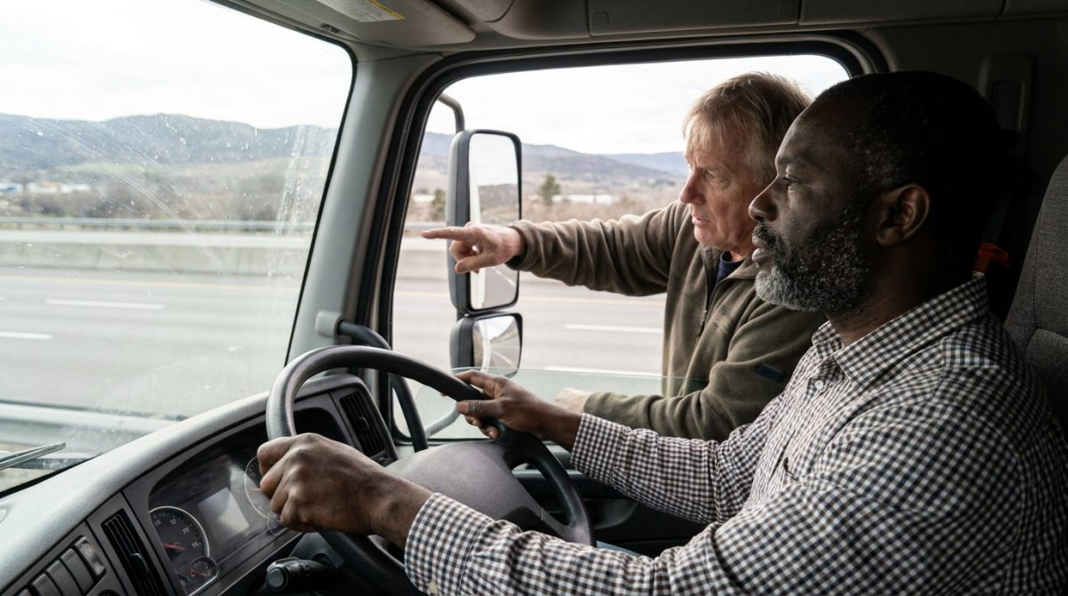 Nigerian driver taking Mandatory Entry-Level Training with a Canadian instructor in a truck cab