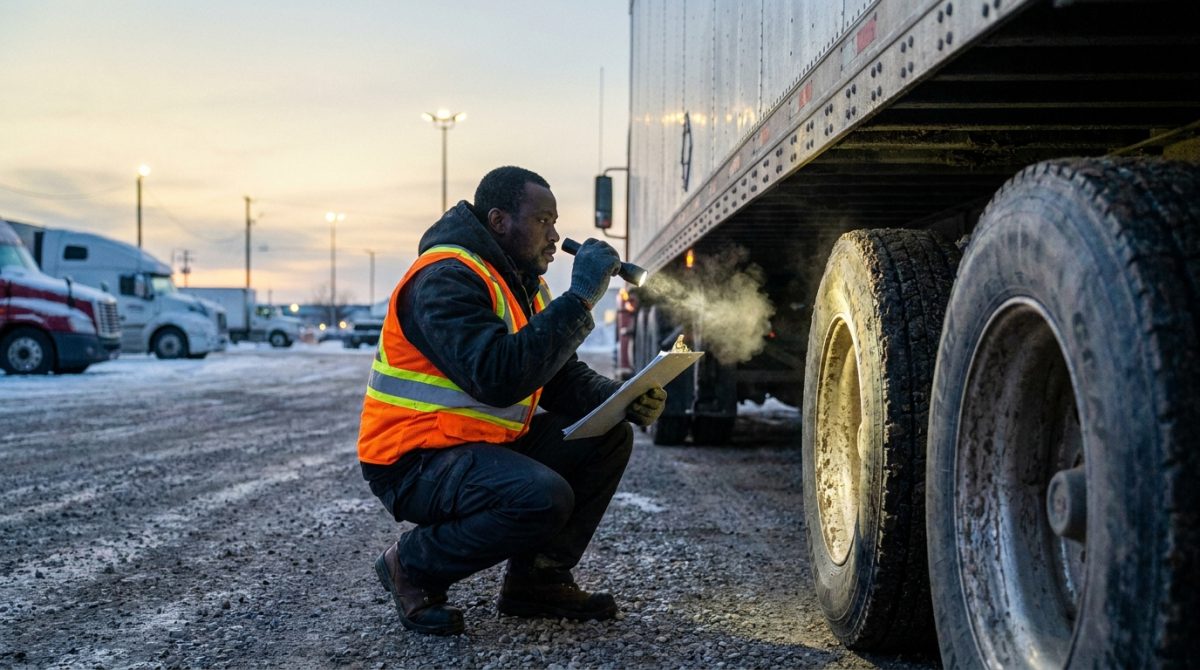 Nigerian truck driver performing a pre-trip safety inspection on a trailer in a Canadian truck yard
