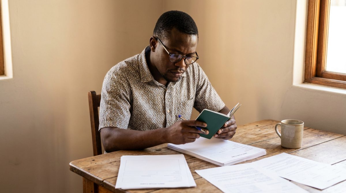 Nigerian man reviewing his passport and Canadian work permit application documents