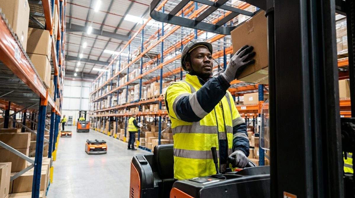 Nigerian warehouse worker handling cartons in a Polish logistics centre