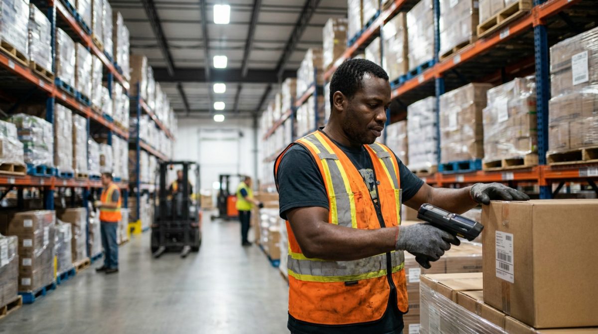 Nigerian warehouse worker scanning boxes in a Canadian distribution centre
