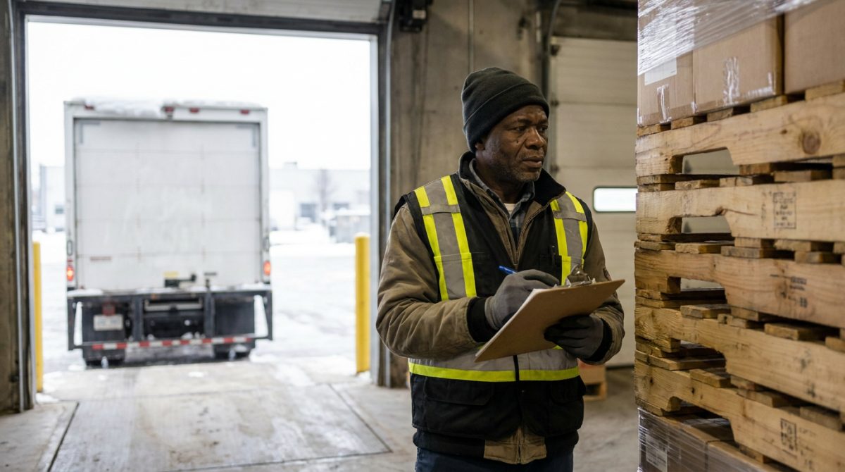 Nigerian warehouse worker checking pallets against a manifest in a Canadian loading bay