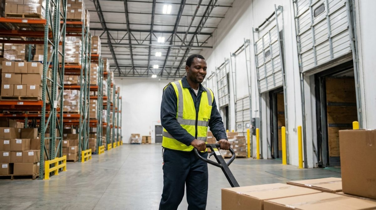 Nigerian warehouse worker moving pallets in an American distribution centre