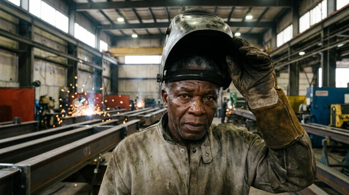 Nigerian certified welder lifting his helmet in a Canadian steel fabrication shop