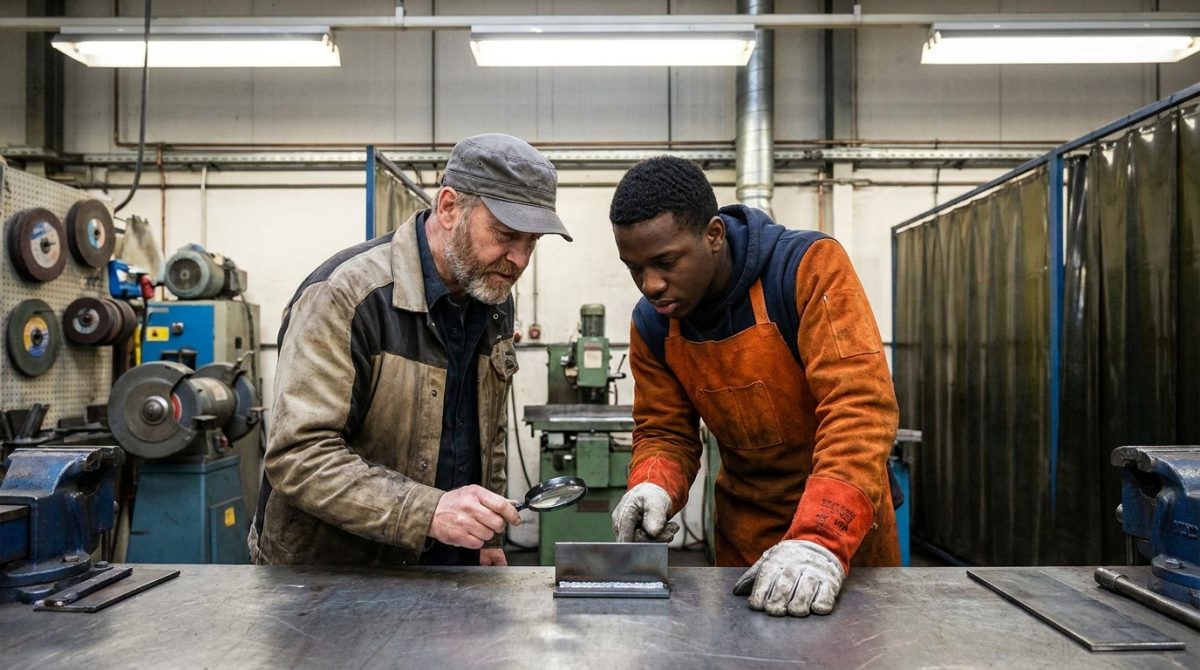 Nigerian welder having a weld sample assessed by a Canadian welding instructor