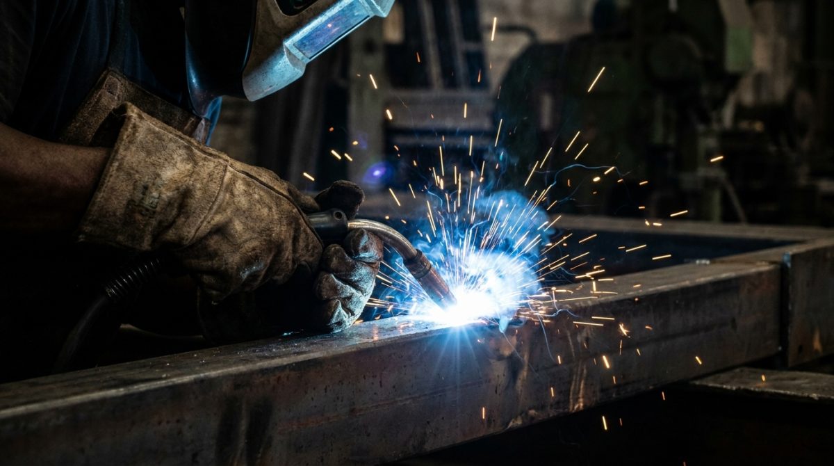 Close-up of a Nigerian welder running a MIG weld bead on a steel plate