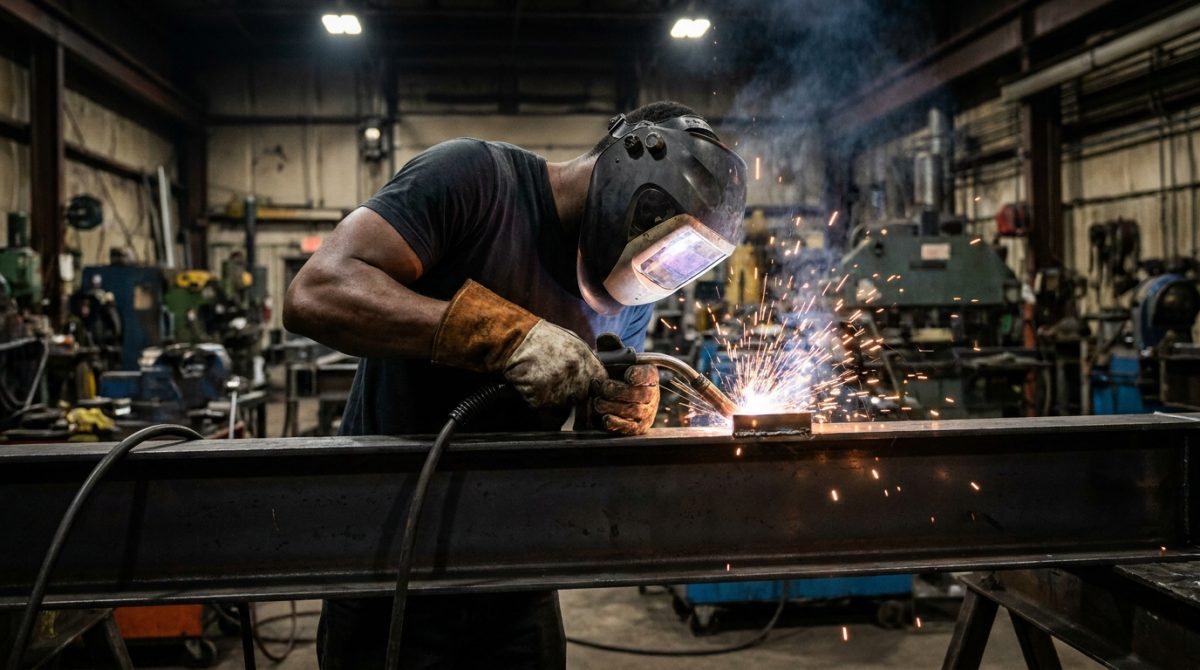 Nigerian welder in protective helmet welding a structural steel beam in a Canadian workshop